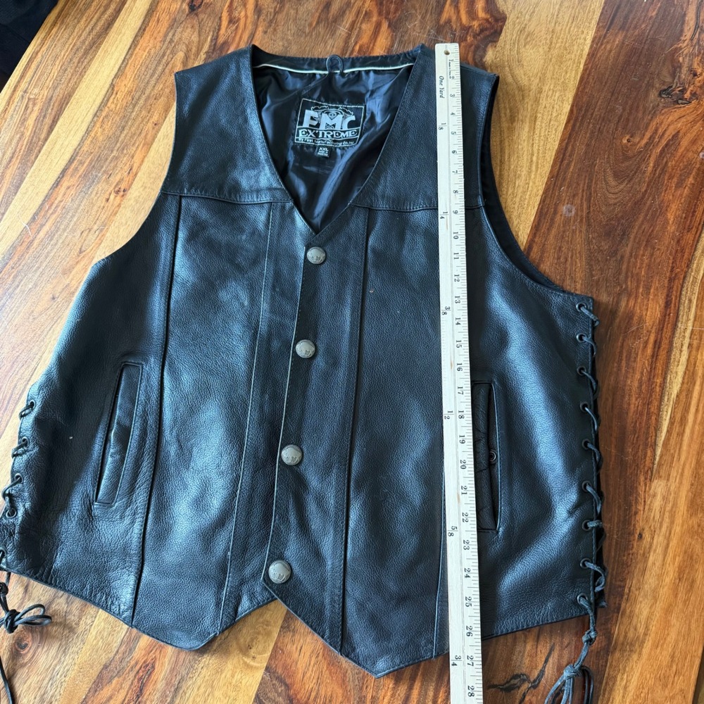 FMC Extreme Mens Black Leather Biker Vest Buffalo Nickel Snaps Side Lace XXL - Picture 8 of 11
